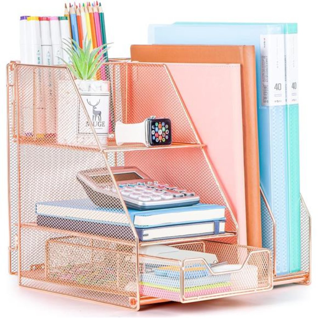Rose Gold Desk Accessories, Office Supplies Desk Organizer Caddy